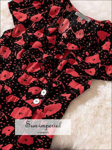 Vintage Red Floral Print Midi Dress side Buttons Wrap Dress