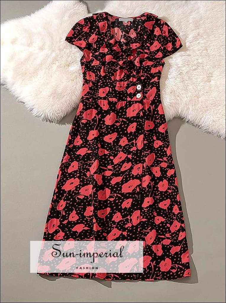 Vintage Red Floral Print Midi Dress side Buttons Wrap Dress