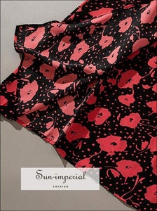 Vintage Red Floral Print Midi Dress side Buttons Wrap Dress