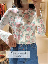 Vintage Rose Print Women Knitted Cardigan Flare Sleeve O-neck Single-breasted top vintage style SUN-IMPERIAL United States