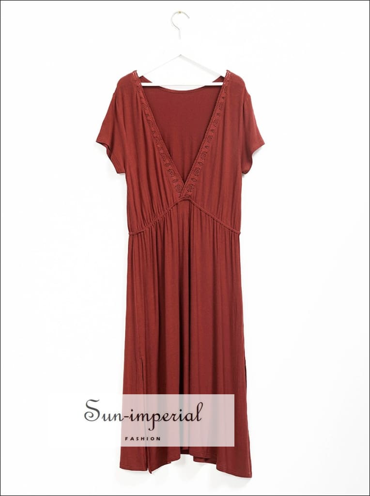 Sun-Imperial - Vintage Rust O Neck Casual Backless Women Short Sleeve Midi Dress with Lace and Side Rust / L Sun-Imperial - Vintage Rust O Neck Casual Backless Women Short Sleeve Midi Dress with Lace and Side Rust / L