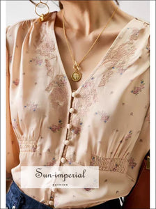 Vintage Satin Pink Women Blouse with Floral Print V-neck Half Sleeve top vintage style SUN-IMPERIAL United States