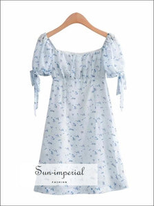 Vintage Square Neck Blue Floral Print Mini Dress with Tie Ruched Sleeve ruched SUN-IMPERIAL United States