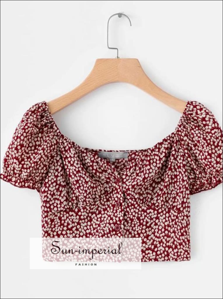 Vintage Summer Red Floral Crop top V-neck Short-sleeved Slim Cut Women Blouse