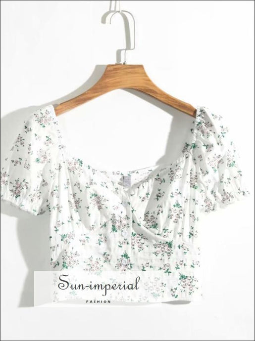 Vintage Summer White Floral Crop top V-neck Short-sleeved Slim Cut Women Blouse