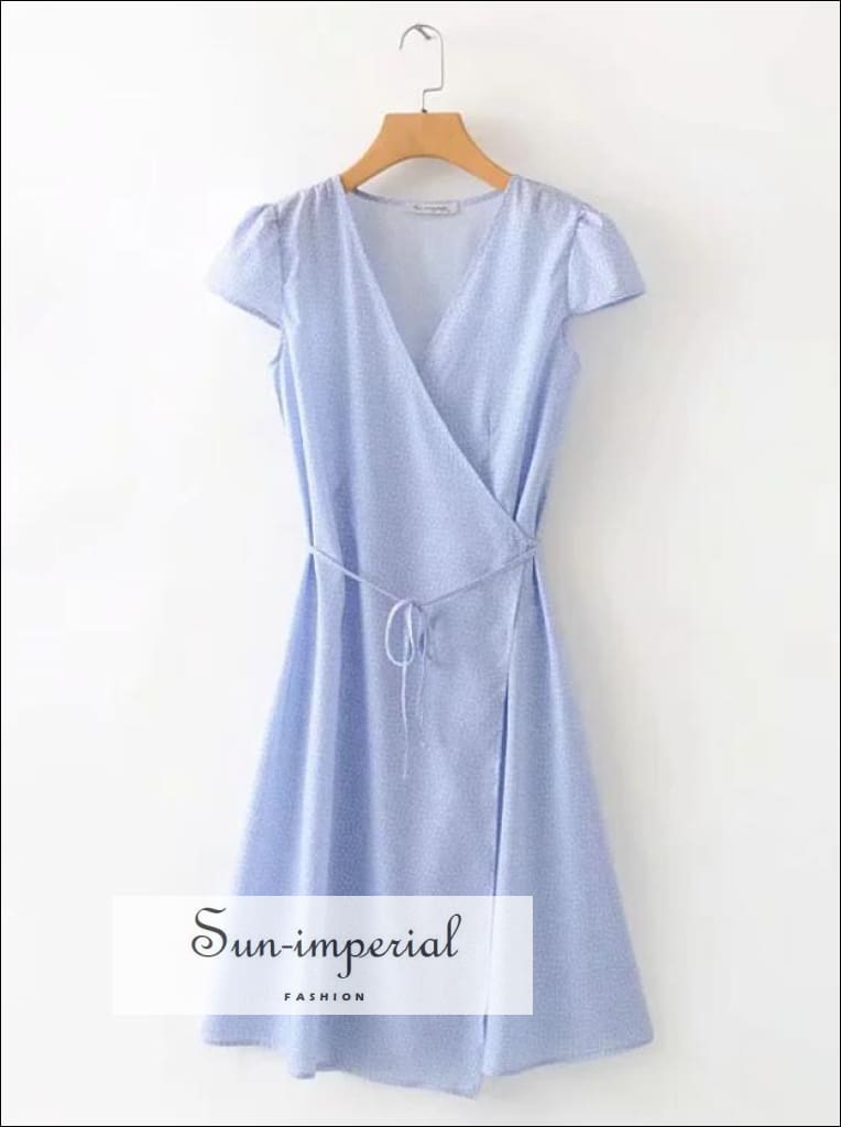 Vintage Summer Sky Blue Floral Print Short Cap Sleeve Midi Wrap Dress SUN-IMPERIAL United States