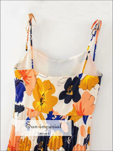 Vintage Tie Dye Strap V Neck Floral Multi Color Backless Midi Dress