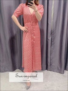 Vintage V-neck Floral Red Midi Buttoned Dress with Short Flared Puff Sleeve vintage style SUN-IMPERIAL United States