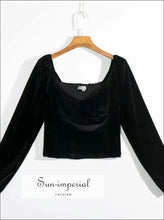 Vintage Velvet Women Blouse Shirt Spring Square Collar Long Sleeve Elastic Waist bottom top Vintage