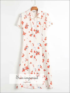Vintage White Buttoned Dress Red Floral Print Wrap Midi Dress