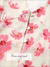 Vintage White Dress with Pink Floral Print V-neck Short-sleeved Maxi Dress