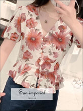 Vintage White Flower Print Puff Short Sleeve V-neck top Single-breasted Elegant Women Blouse vintage style SUN-IMPERIAL United States