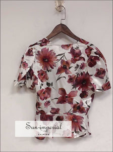 Vintage White Flower Print Puff Short Sleeve V-neck top Single-breasted Elegant Women Blouse vintage style SUN-IMPERIAL United States