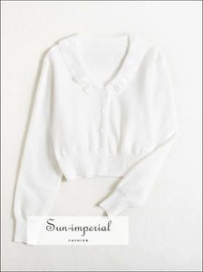 Vintage White Long Sleeve Knitted Ruffled Collar Neckline Women Sweater ruffled collar neckline SUN-IMPERIAL United States