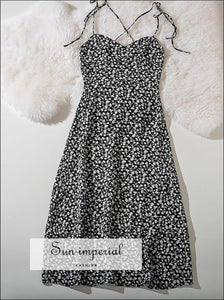 Vintage White Midi Dress with Black Floral Print Cami Tie Strap Dress