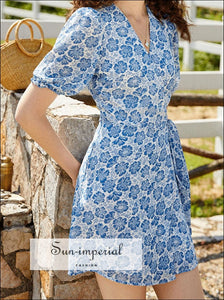 Vintage White Mini Dress with Blue Floral Print Short Sleeve Belted Slim Wrap blue, dress, floral print, flower flowers print SUN-IMPERIAL 