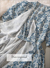 Vintage White Mini Dress with Blue Floral Print Short Sleeve Belted Slim Wrap blue, dress, floral print, flower flowers print SUN-IMPERIAL 
