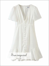 Vintage White Mini Dress with Center Buttons Ruffles Decor Deep V Neck Summer Dress