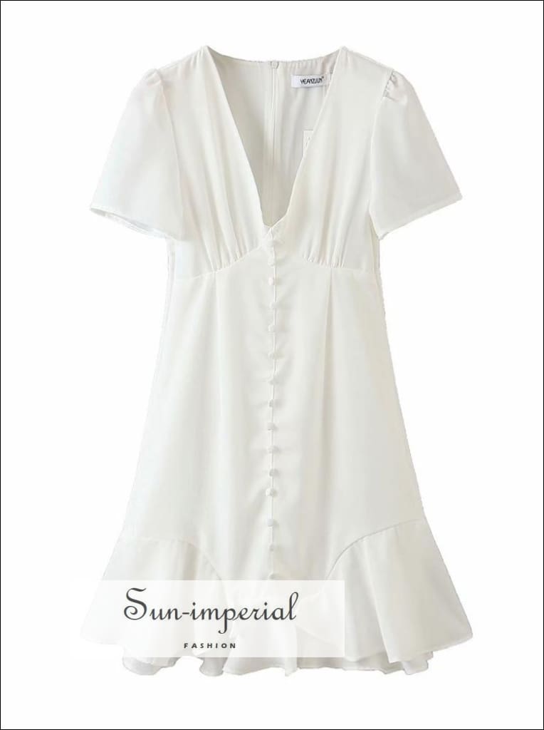 Vintage White Mini Dress with Center Buttons Ruffles Decor Deep V Neck Summer Dress