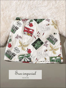 Vintage White Mini Skirt with Graffiti Print A-line Skirt