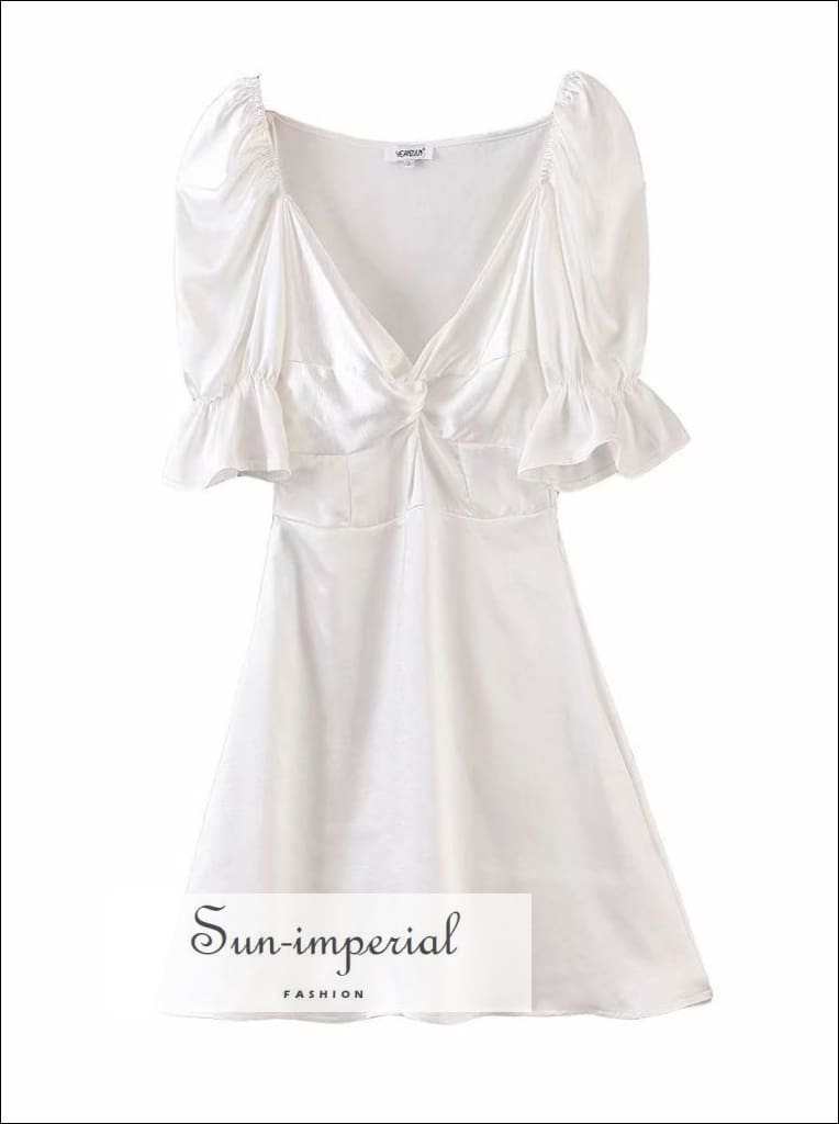 Vintage White Satin Mini Dress with Puff Sleeve SUN-IMPERIAL United States