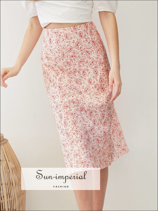 Vintage White Satin Pink Floral Print Maxi Skirt High Waist floral print, flower flowers full length dress, long dress SUN-IMPERIAL United 