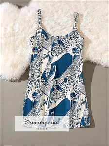 Vintage White Slit Cami Strap with Blue Geometric Print Mini Dress SUN-IMPERIAL United States