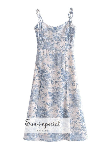 Vintage White with Blue Floral Cami Tie Dye Strap Split front Slim Cut Midi Dress Beach Style Print, chick sexy style, elegant styke, 