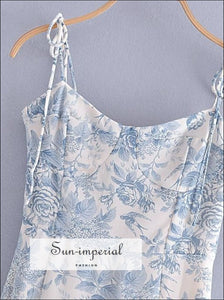 Vintage White with Blue Floral Cami Tie Dye Strap Split front Slim Cut Midi Dress Beach Style Print, chick sexy style, elegant styke, 