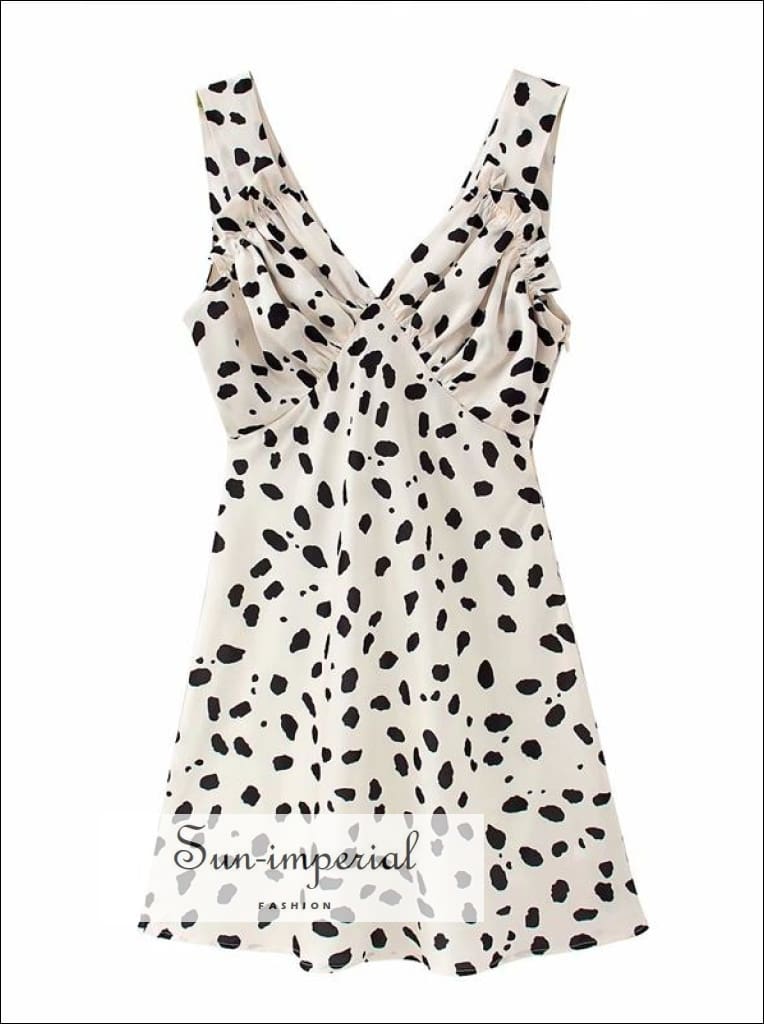 Vintage Whiteblack Leopard Print V-neck Sleeveless Ruched Bust V-neckline Mini Dress