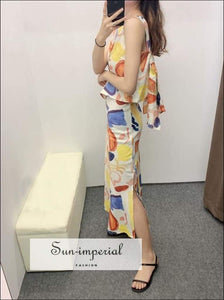 Sun-Imperial Vintage Women Two Piece Maxi Skirt Set front Slit Graffiti Printed Sleeveless Backless top