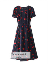 Navy Vintage Wrap A-line Dress V-neck Tie Waist side Split Dress Casual Midi Sundress