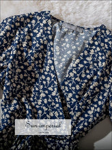 Vintage Wrap Blue Mini Flower Print Short Sleeve Dress