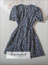 Vintage Wrap Blue Mini Flower Print Short Sleeve Dress