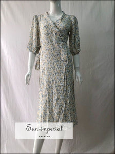Vintage Wrap Tie Waist Floral V-neck Lantern 3/4 Sleeve Midi Dress vintage style SUN-IMPERIAL United States