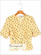 Vintage Yellow Flower Print Blouse Center Buttoned Short Sleeve Women top