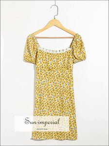 Vintage Yellow Short Sleeve Dress Sunflower Print with Lace Decor