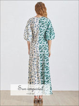 Von Dress- Korean Print Women Dress V Neck Half Sleeve High Waist Slim Hit Color a Line Dress