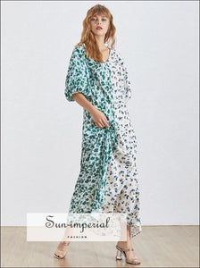 Von Dress- Korean Print Women Dress V Neck Half Sleeve High Waist Slim Hit Color a Line Dress