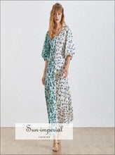 Von Dress- Korean Print Women Dress V Neck Half Sleeve High Waist Slim Hit Color a Line Dress