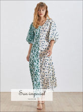 Von Dress- Korean Print Women Dress V Neck Half Sleeve High Waist Slim Hit Color a Line Dress