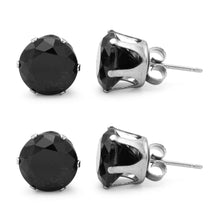 Stud Earring Set of 2 Black Round Cubic Zirconia Stainless Steel CZ Studs