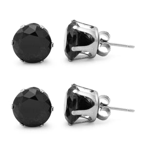 Stud Earring Set of 2 Black Round Cubic Zirconia Stainless Steel CZ Studs