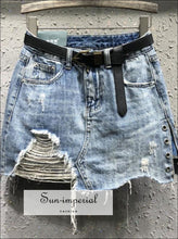 Washed Black/ Blue Belted Ripped Denim Skirt Jeans A-line Mini Skirt