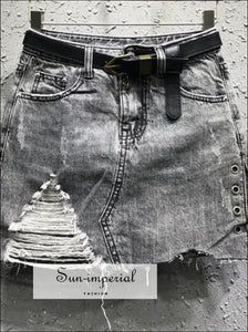 Sun-imperial washed black/ blue belted ripped denim skirt jeans