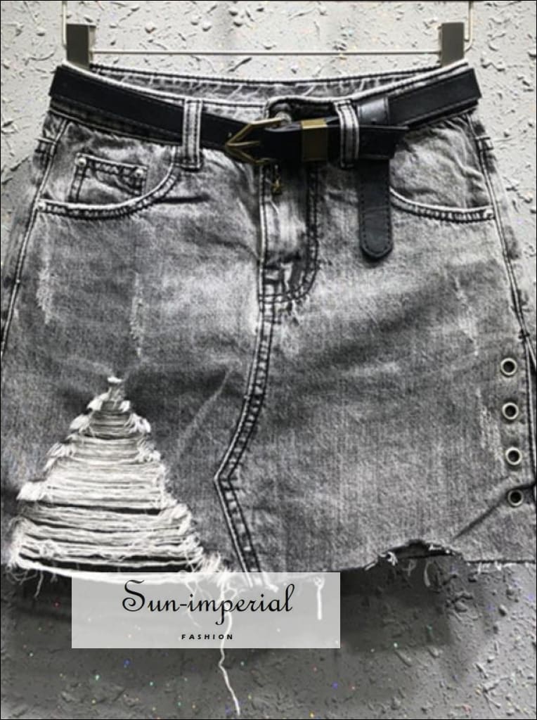 Washed Black/ Blue Belted Ripped Denim Skirt Jeans A-line Mini Skirt