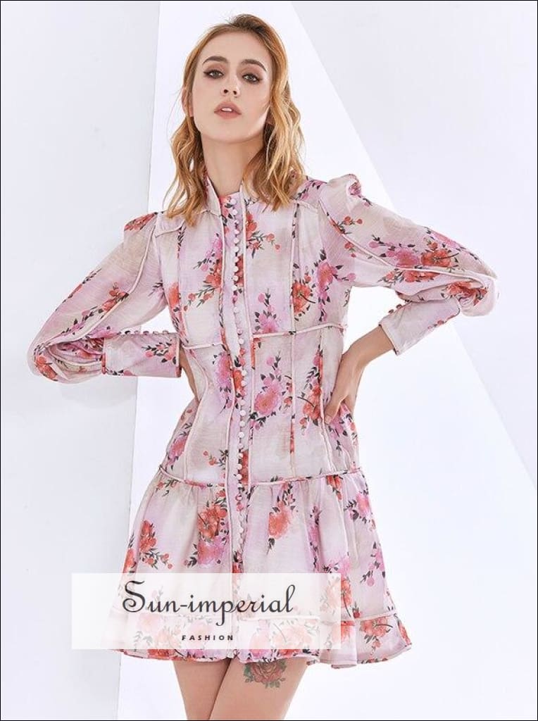 Sun-imperial - white a-line long sleeve elegant blue pink floral