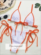 White and Orange Color Contrast Brazilian Triangle Bikini Set with Center Bust Oversized Tie Strap bikini, bikini set, hot orange contrast 
