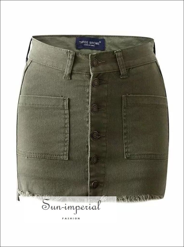 White/ Army Green Women Mid-rise Waist Buttoned Denim Raw-cut Hem Mini Skirt
