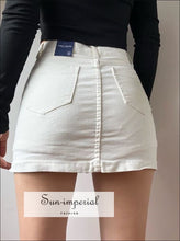 White/ Army Green Women Mid-rise Waist Buttoned Denim Raw-cut Hem Mini Skirt